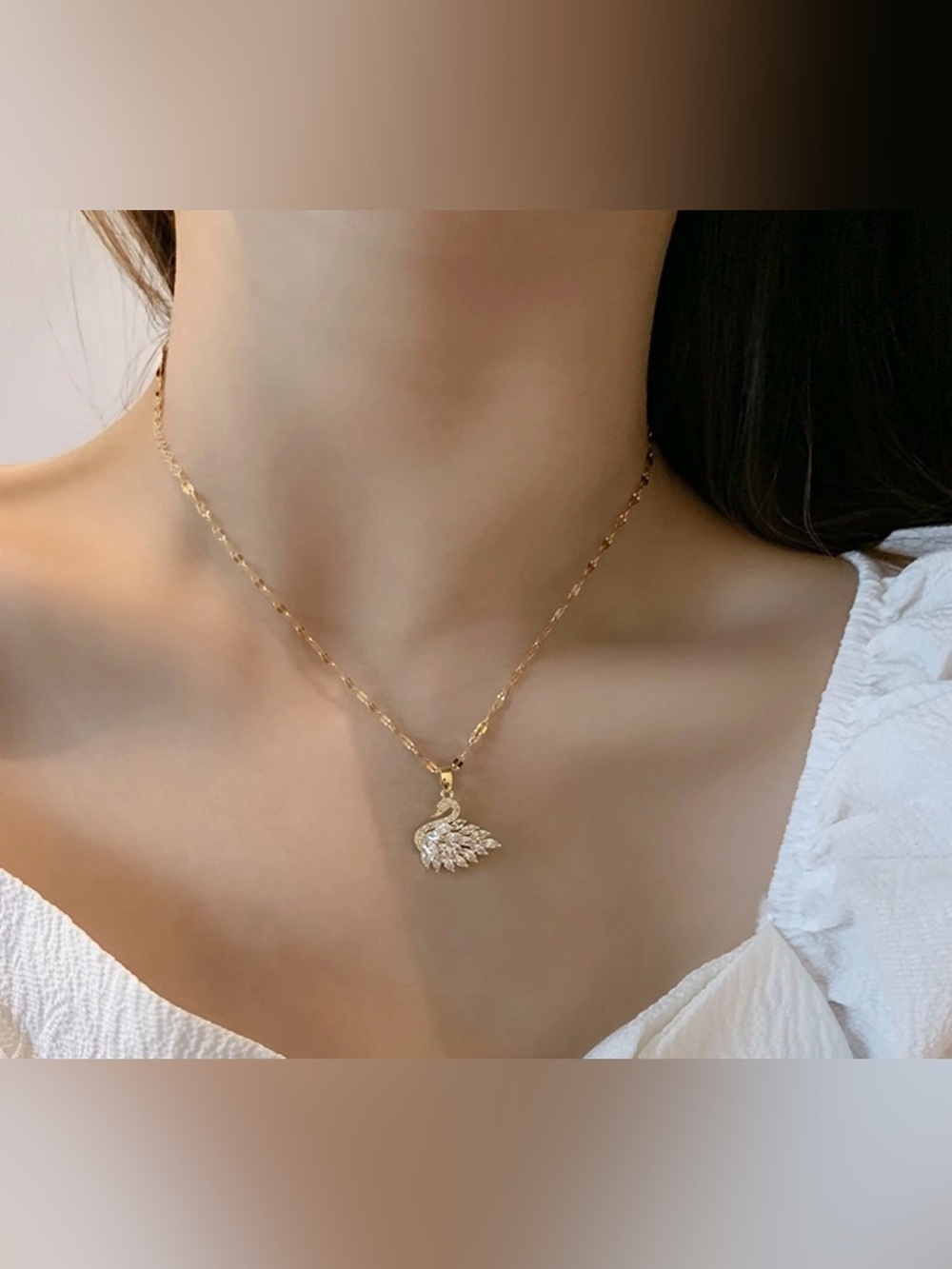 Gold Plated Swan Pendant Necklace With Zirconia Stone-Women Jewelry